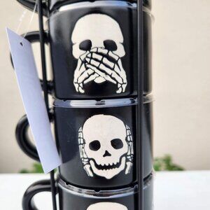 NEW Ceramic Skeleton Espresso Mugs Mug Set of 4 Stacking Stackable Black Stonewa